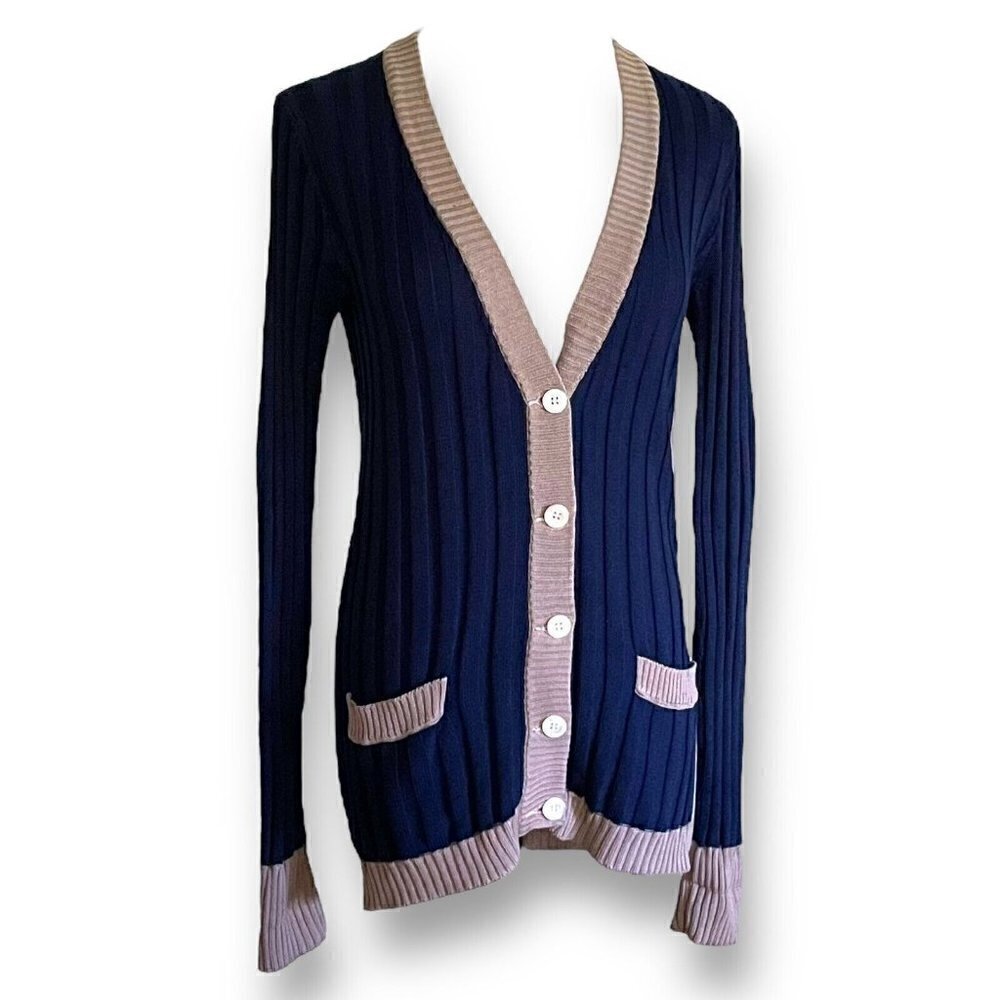 Yves Saint Laurent Rive Gauche Vintage 1970s Womens Cardigan Sz S Navy Blue Tan - Picture 5 of 10